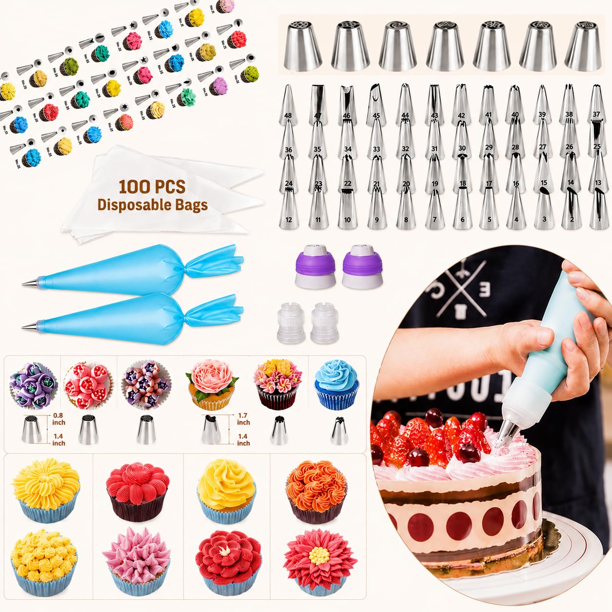 KOSBON piping tips and bags arranged to show decorating versatility