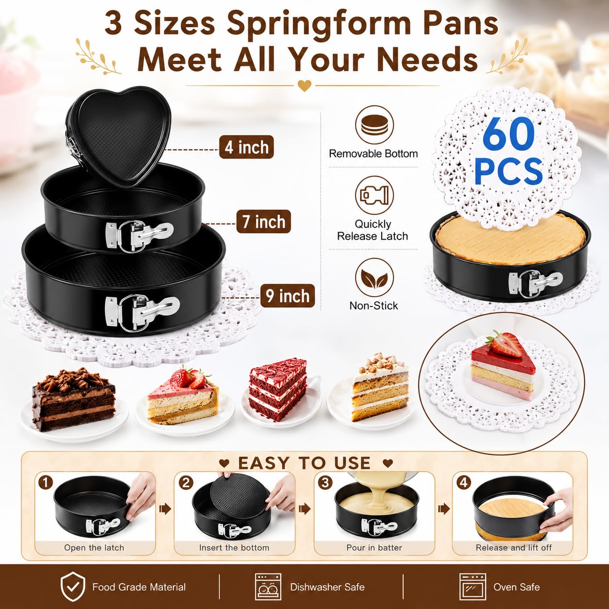 KOSBON three springform pans set demonstrating oven-ready sizes and release