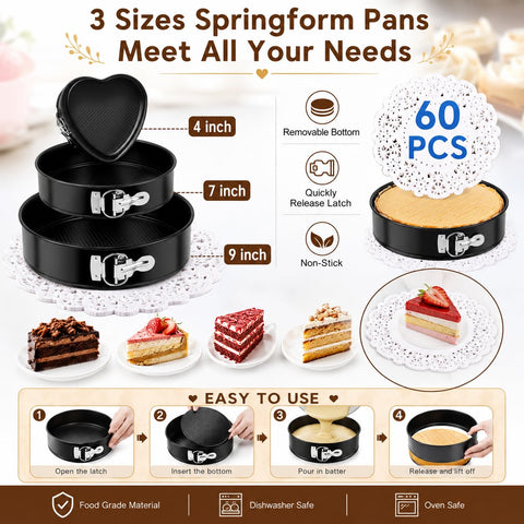 KOSBON three springform pans set demonstrating oven-ready sizes and release