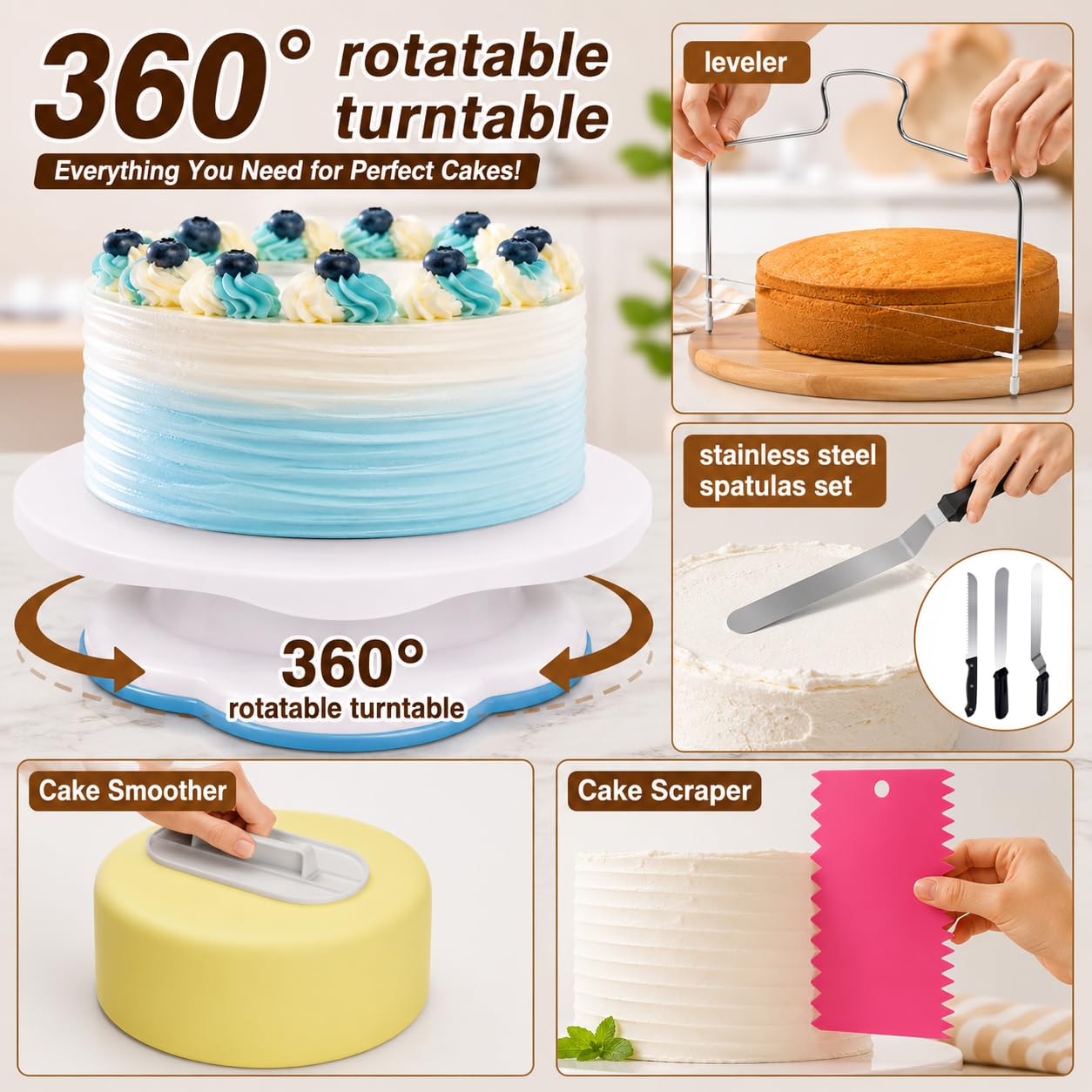 KOSBON turntable with spatulas and leveler for smoother icing control