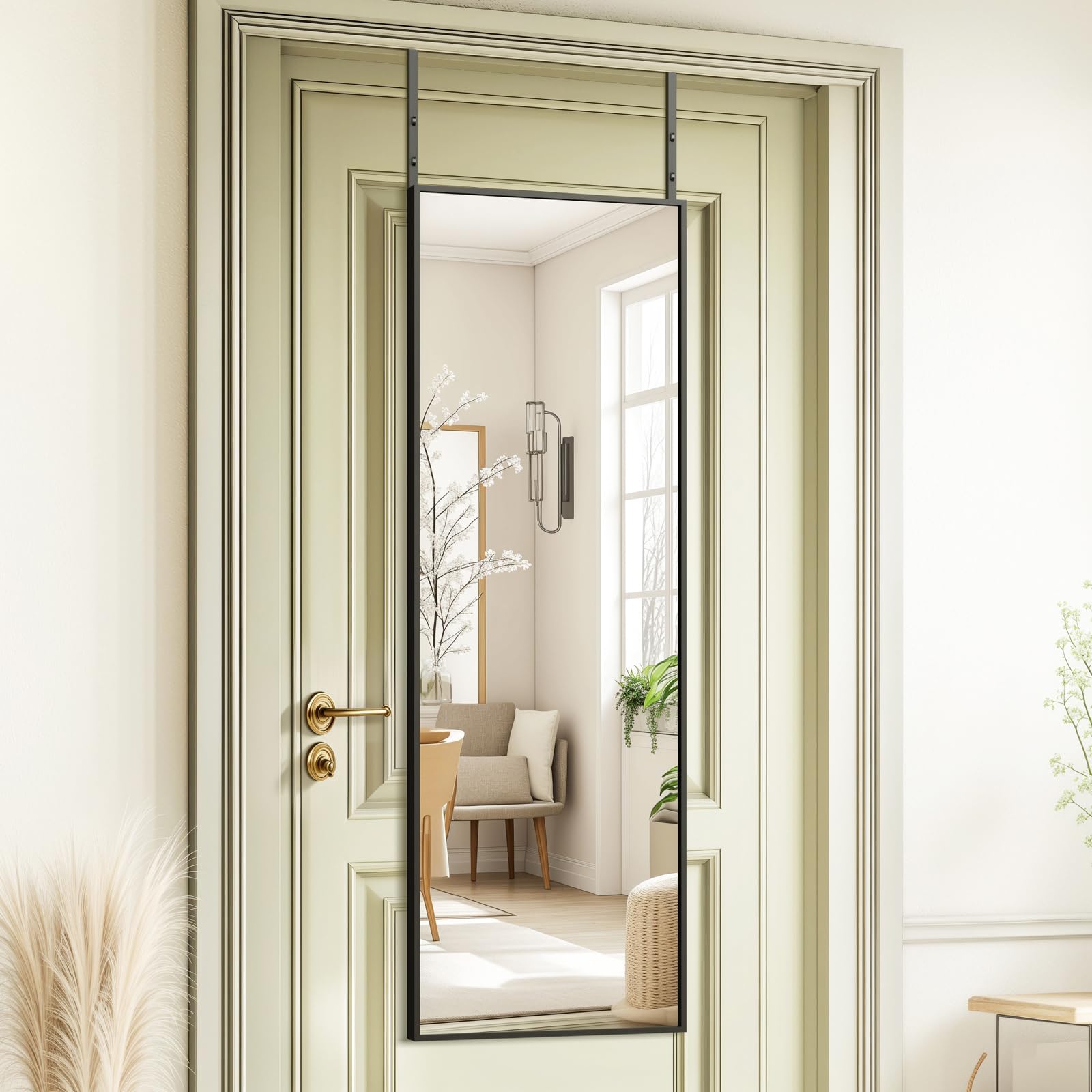 Kosmonia front-facing full-length mirror showing clear reflection and space saving benefit