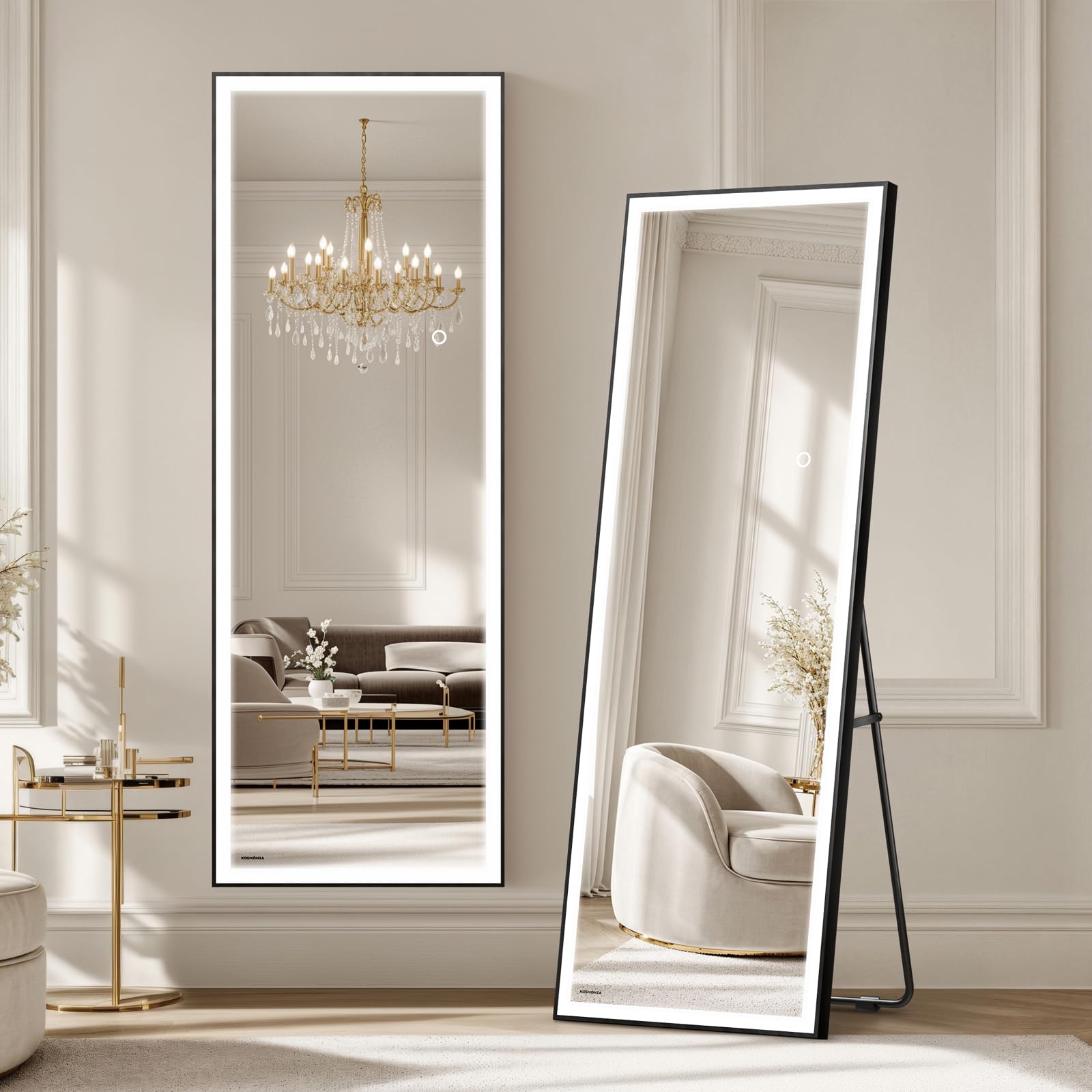 Kosmonia front view full-length mirror showing even illuminated reflection benefits