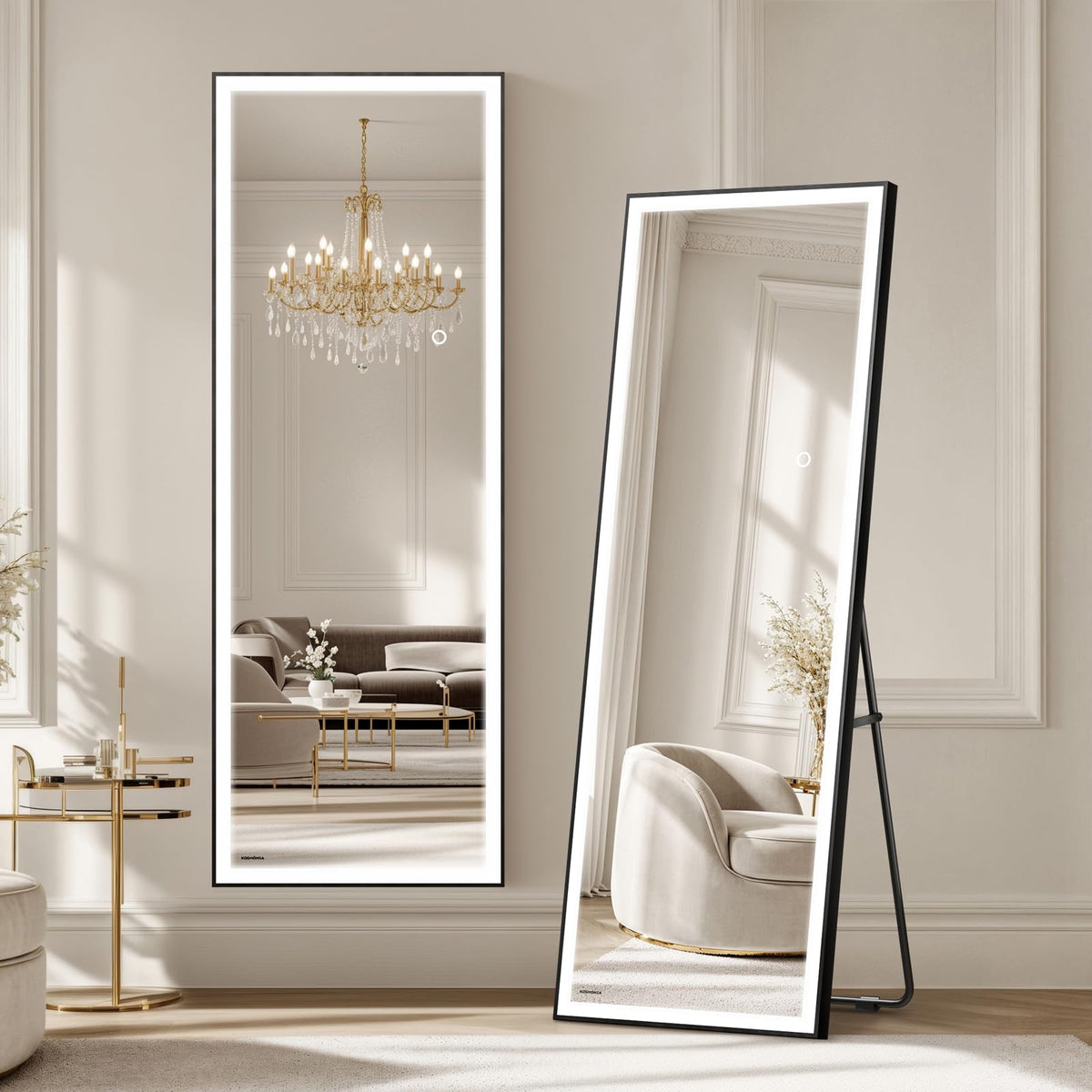 Kosmonia front view full-length mirror showing even illuminated reflection benefits