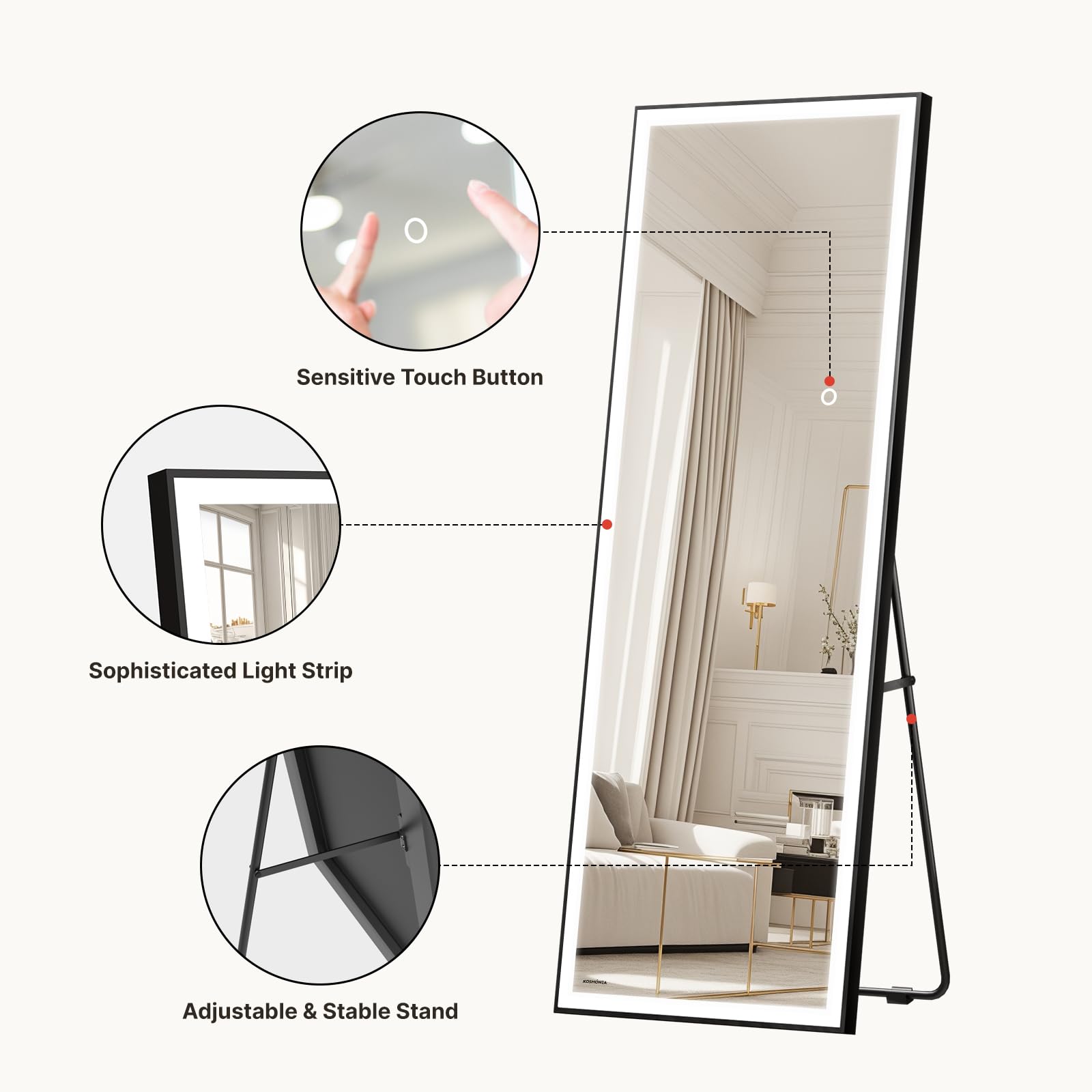 Kosmonia leaning in dressing area showing space-saving convenience benefit