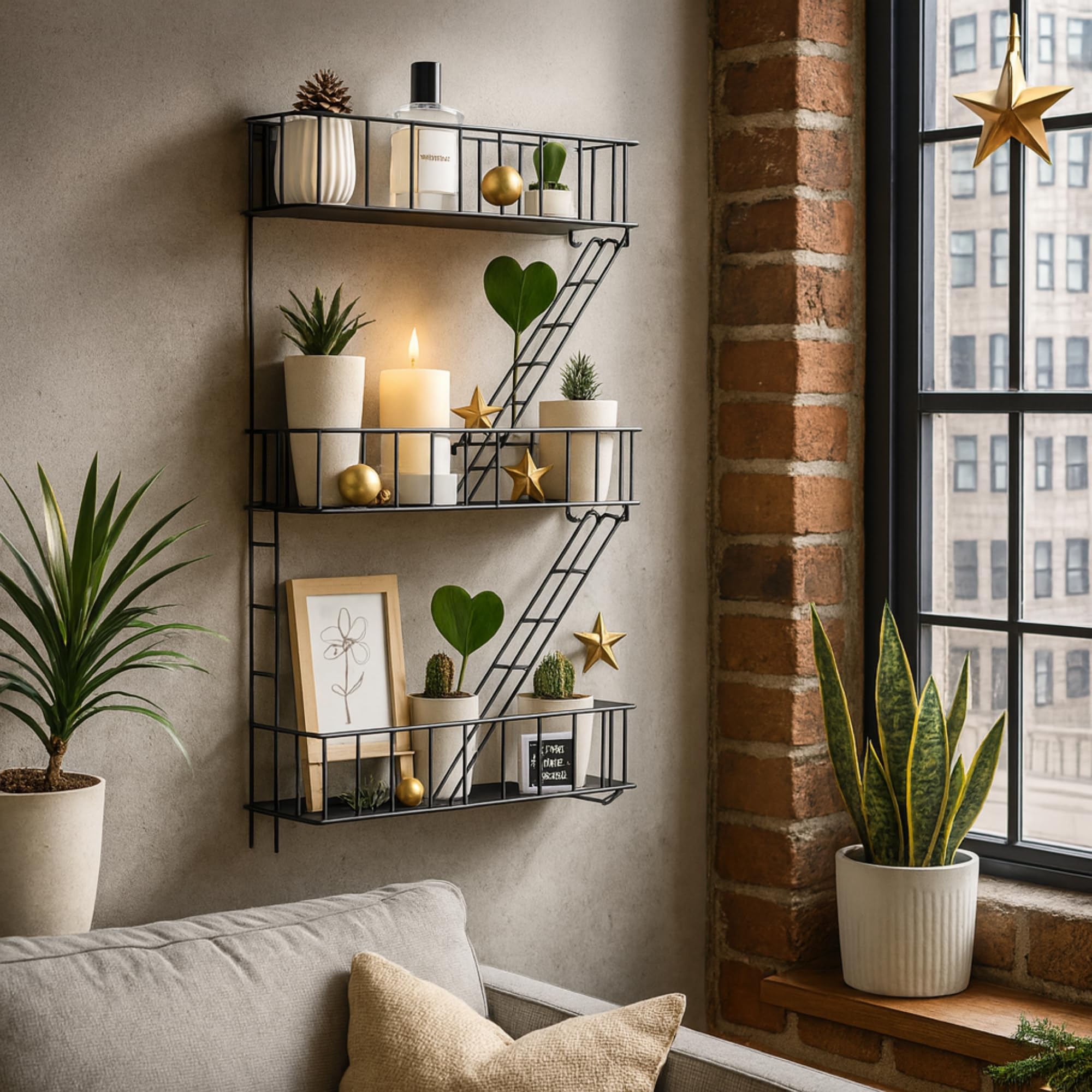 KOTIJOKI shelf above couch in living room adding industrial focal point and contrast