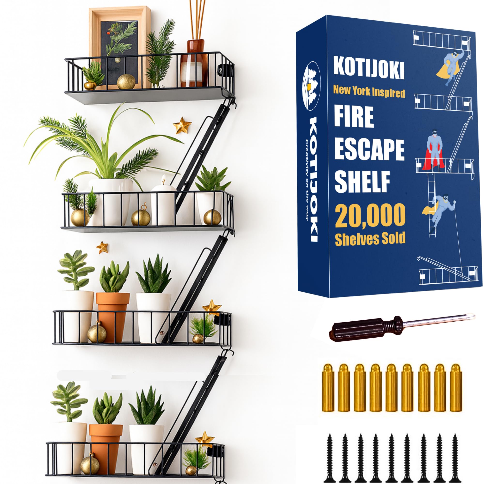 KOTIJOKI front view of fire escape shelf shows bold urban display benefit