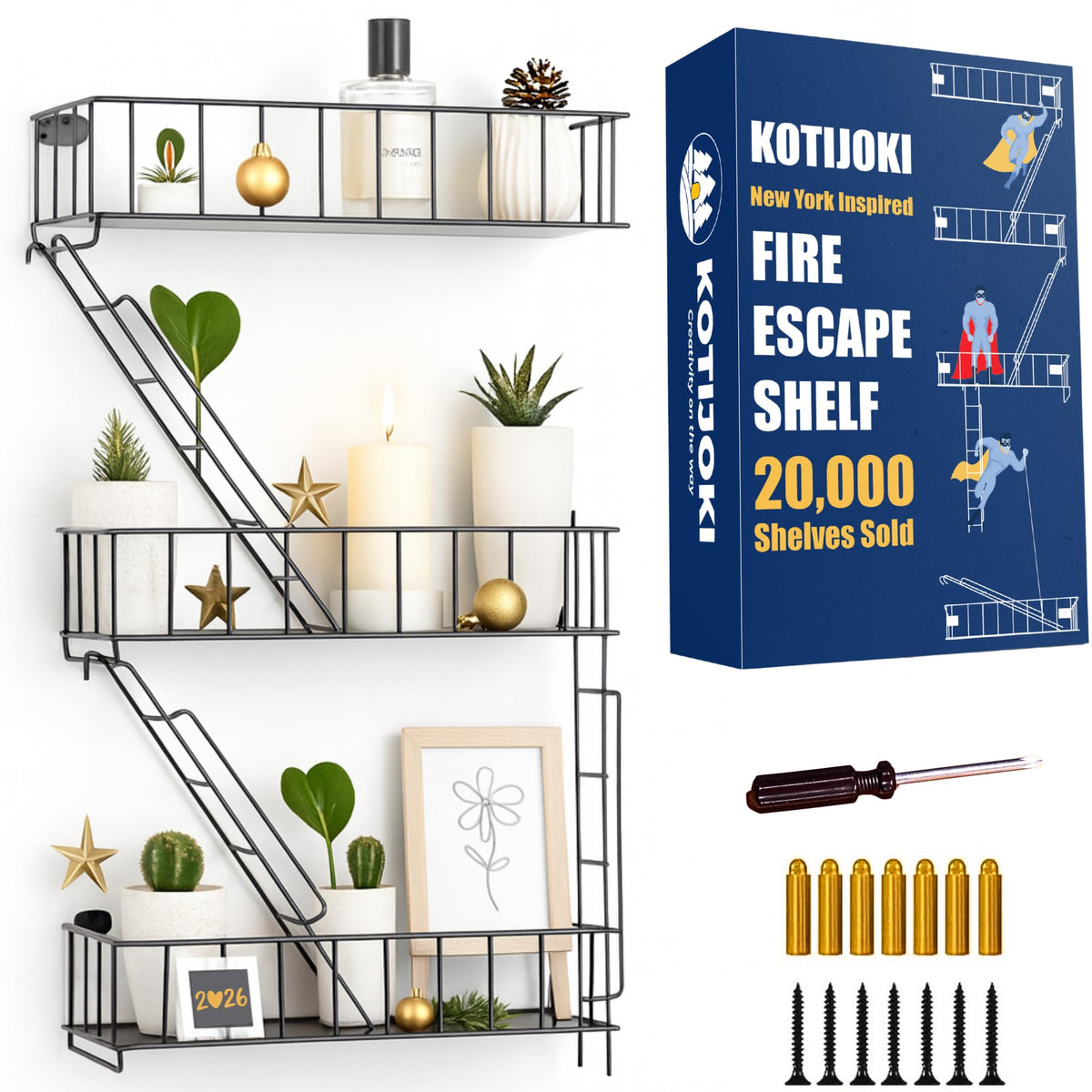 KOTIJOKI front view of black fire escape shelf showing urban style and functional display
