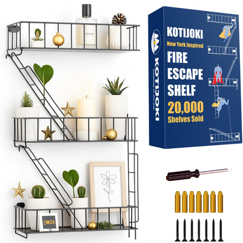 KOTIJOKI front view of black fire escape shelf showing urban style and functional display