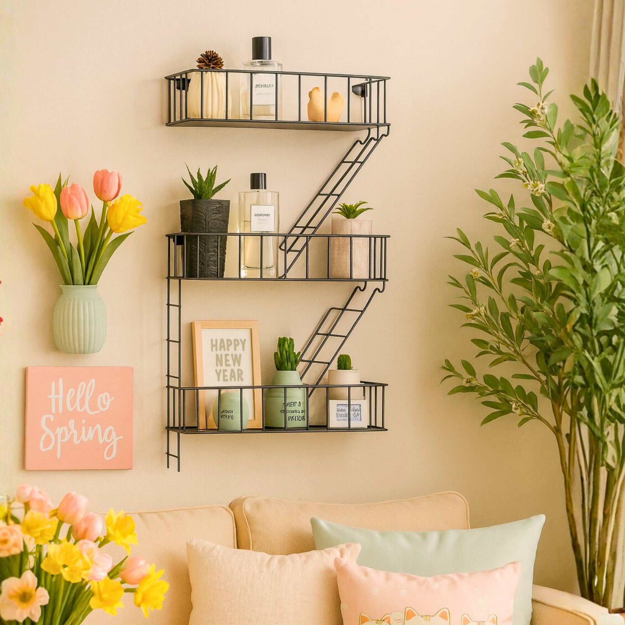 KOTIJOKI side profile of floating ladder shelf demonstrating slim, space-saving design