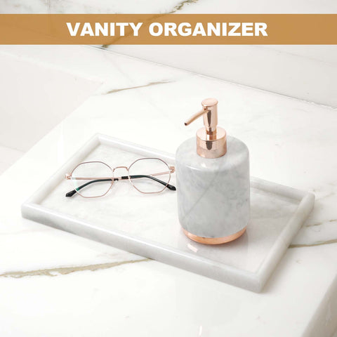 Koville tray on bathroom countertop organizing perfume and soap