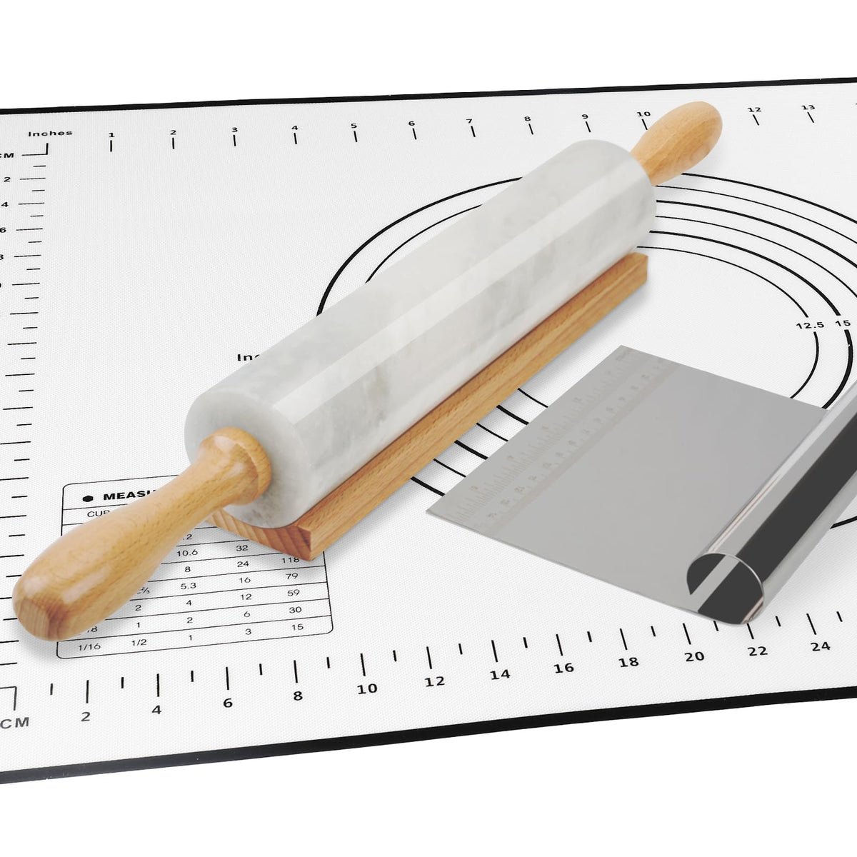 Koville rolling pin front view showing polished marble and ergonomic shape, adds elegance