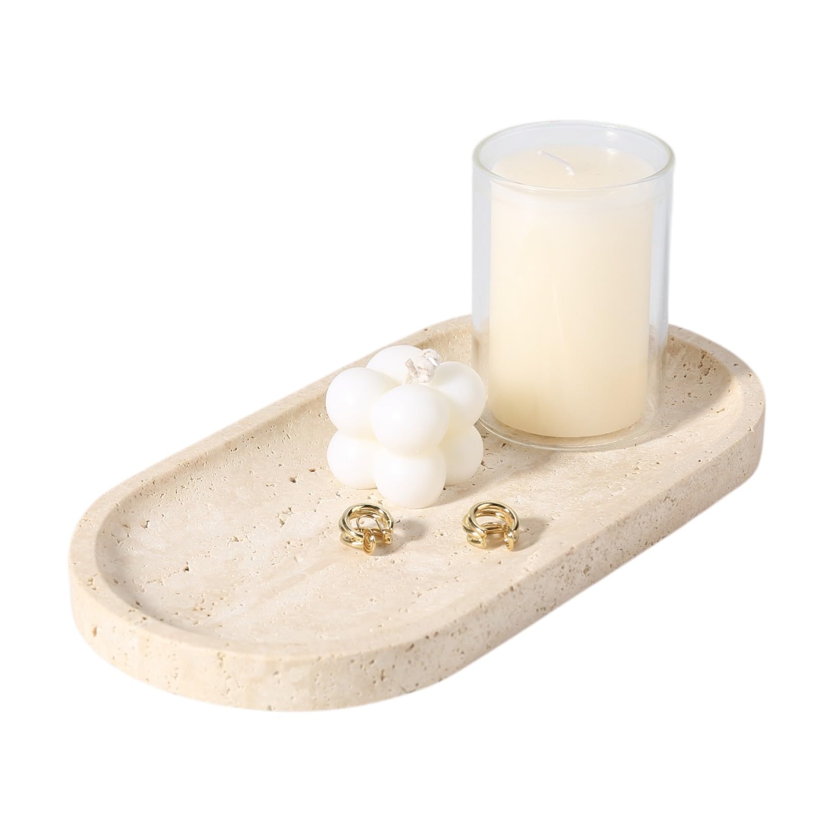 Koville travertine tray front view showing clean lines and organized display
