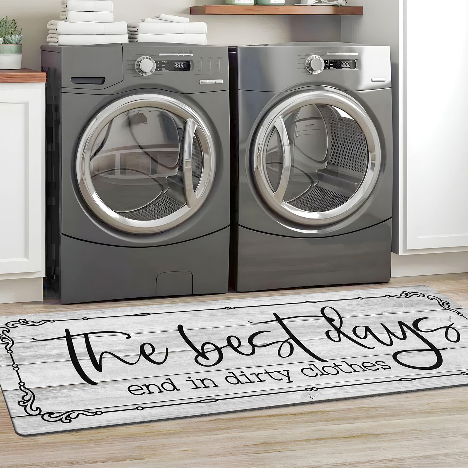 KOZYFLY front view of light grey runner showing farmhouse text and clean design for curb appeal