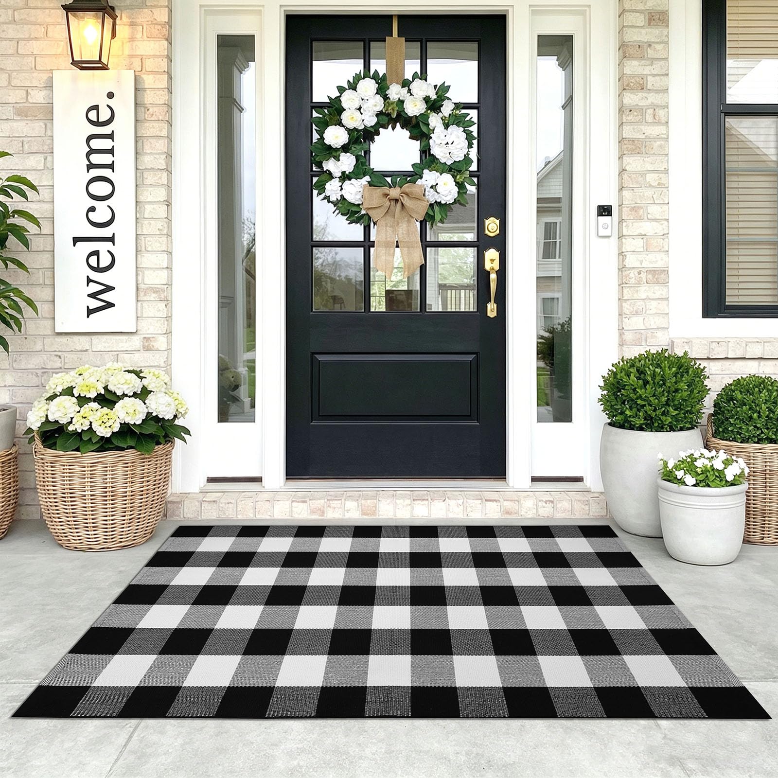 KOZYFLY front view of black and white checkered rug, adds timeless curb appeal