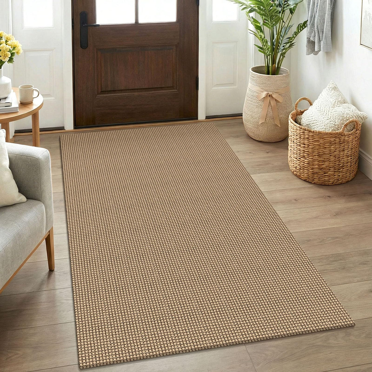 KOZYFLY front view of rug showing warm tones and boho style for inviting entries