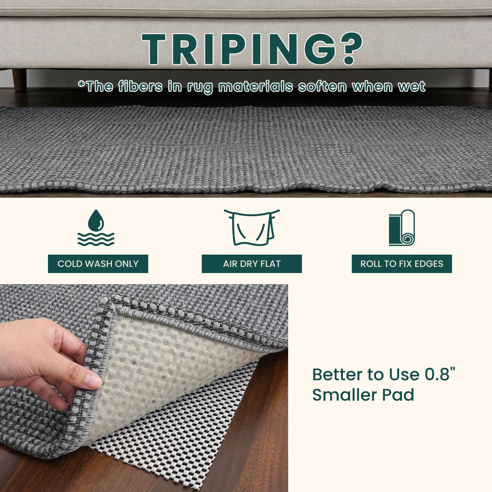 KOZYFLY rug beside chairs showing 3x5 size and scale benefits