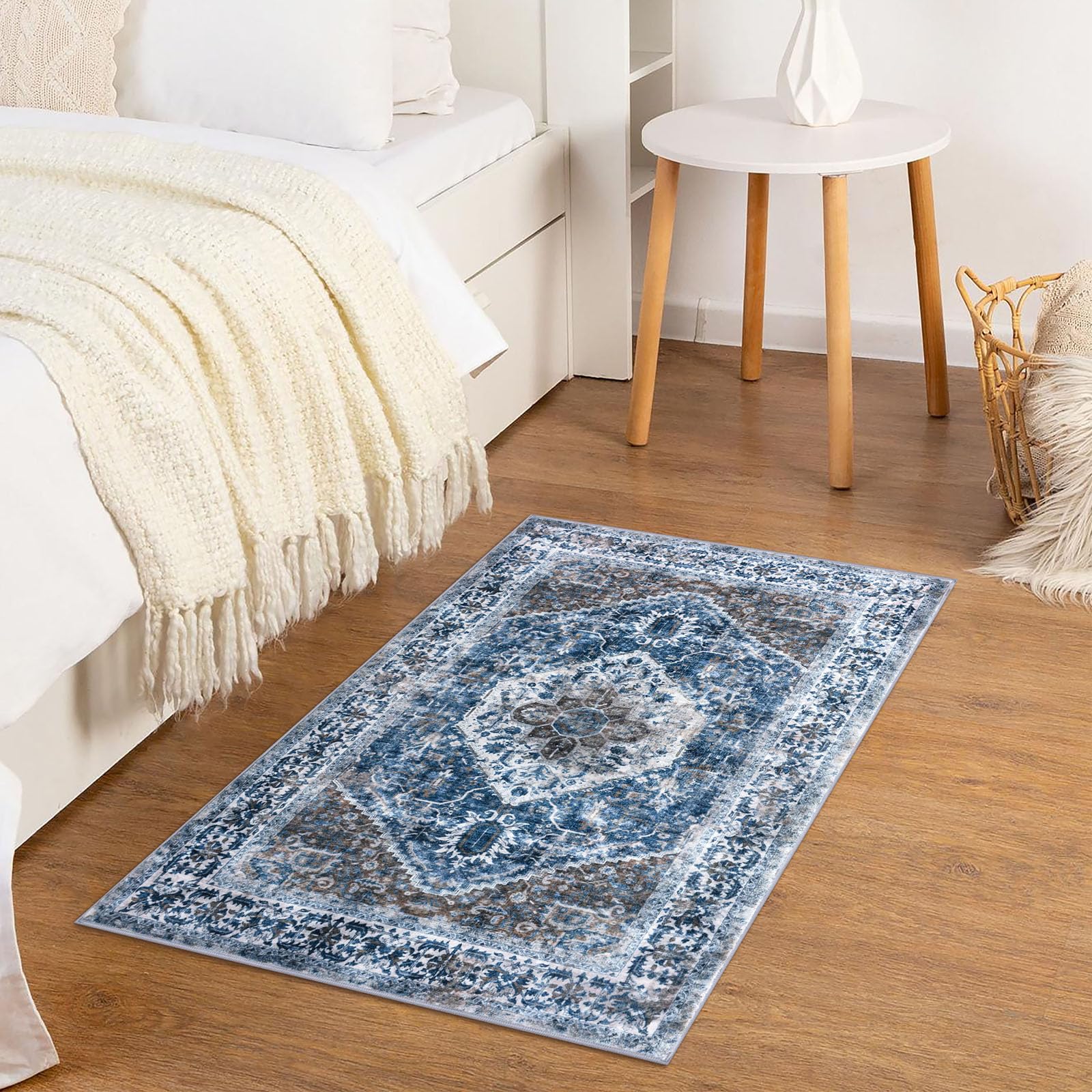 KOZYFLY rug beside a shoe and door illustrating true-to-size scale