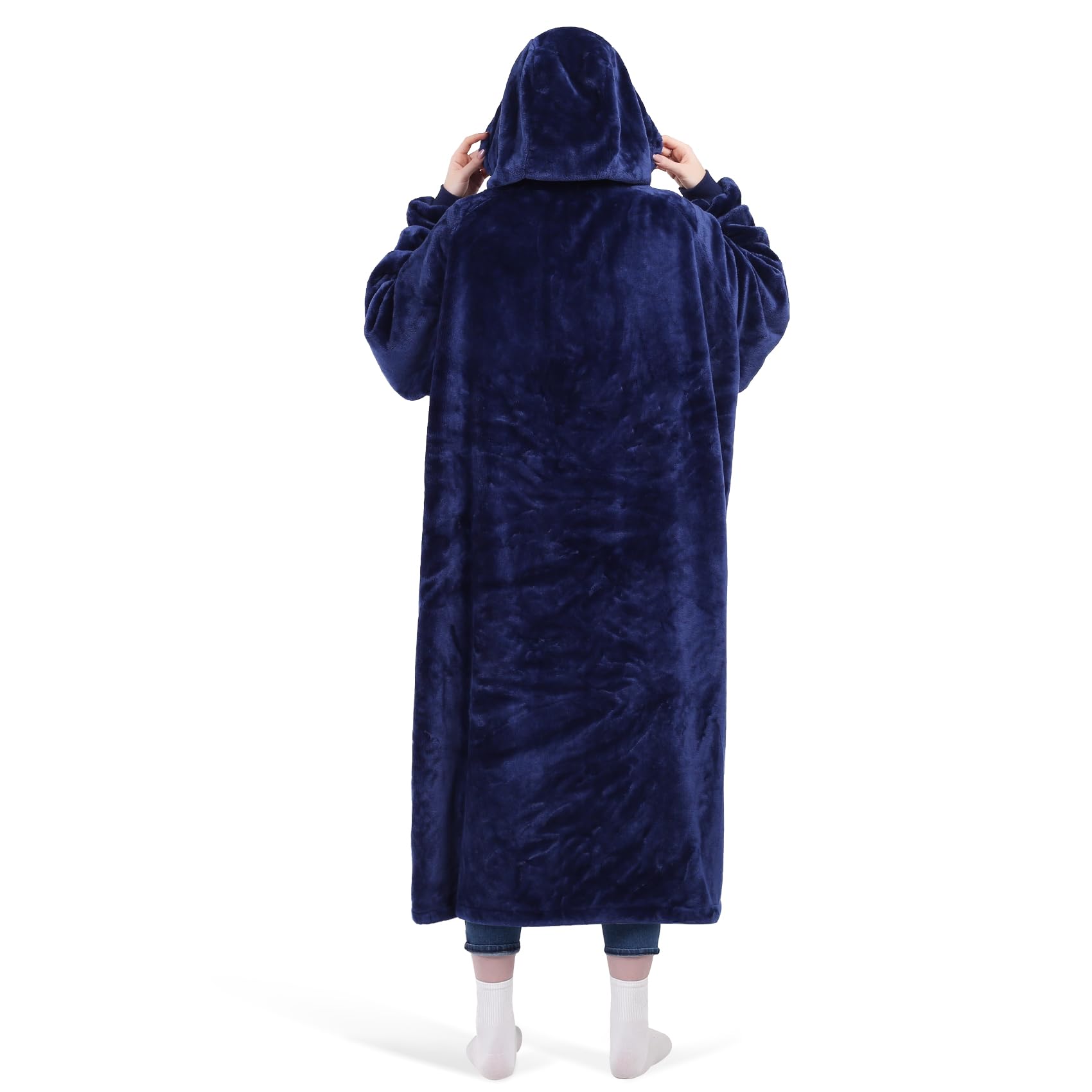 KPBLIS back profile of hooded blanket showing drape and coverage for comfort