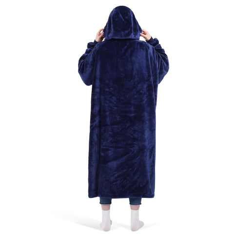 KPBLIS back profile of hooded blanket showing drape and coverage for comfort