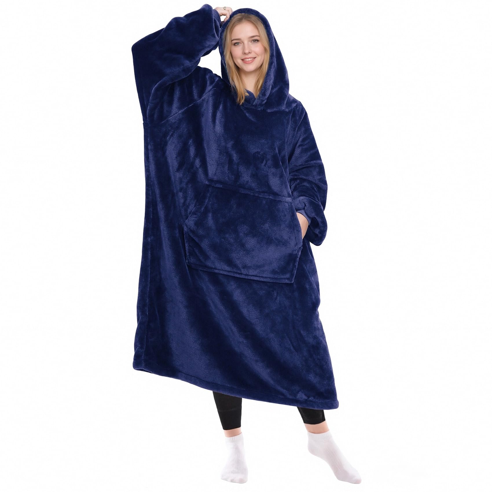 KPBLIS front view of navy wearable blanket hoodie showing roomy fit and warmth