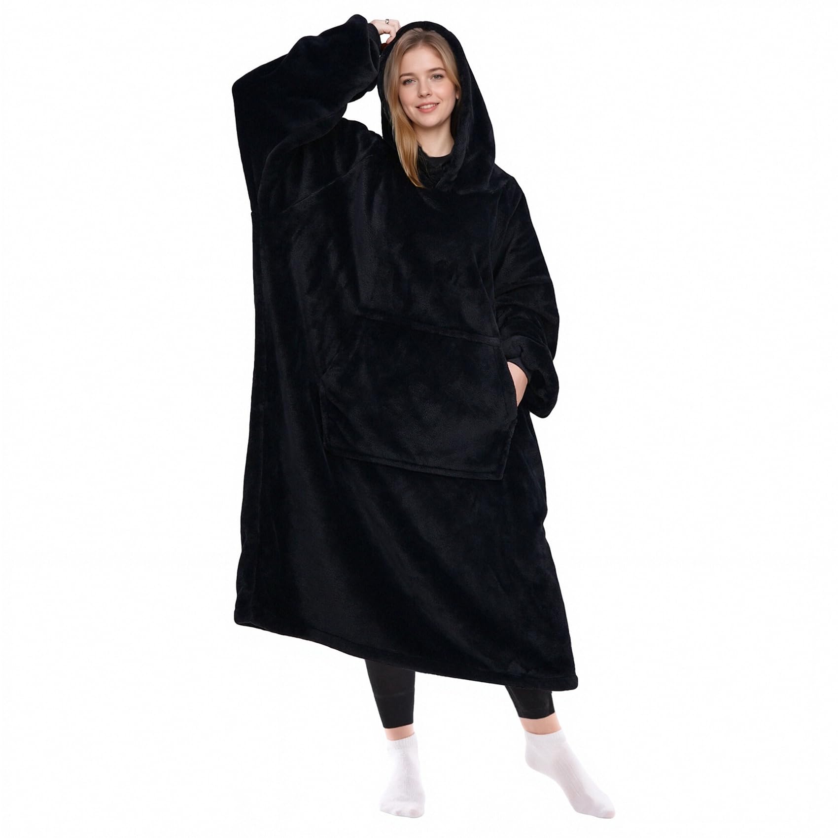 KPBLIS front view of black wearable blanket hoodie showing full coverage and comfort