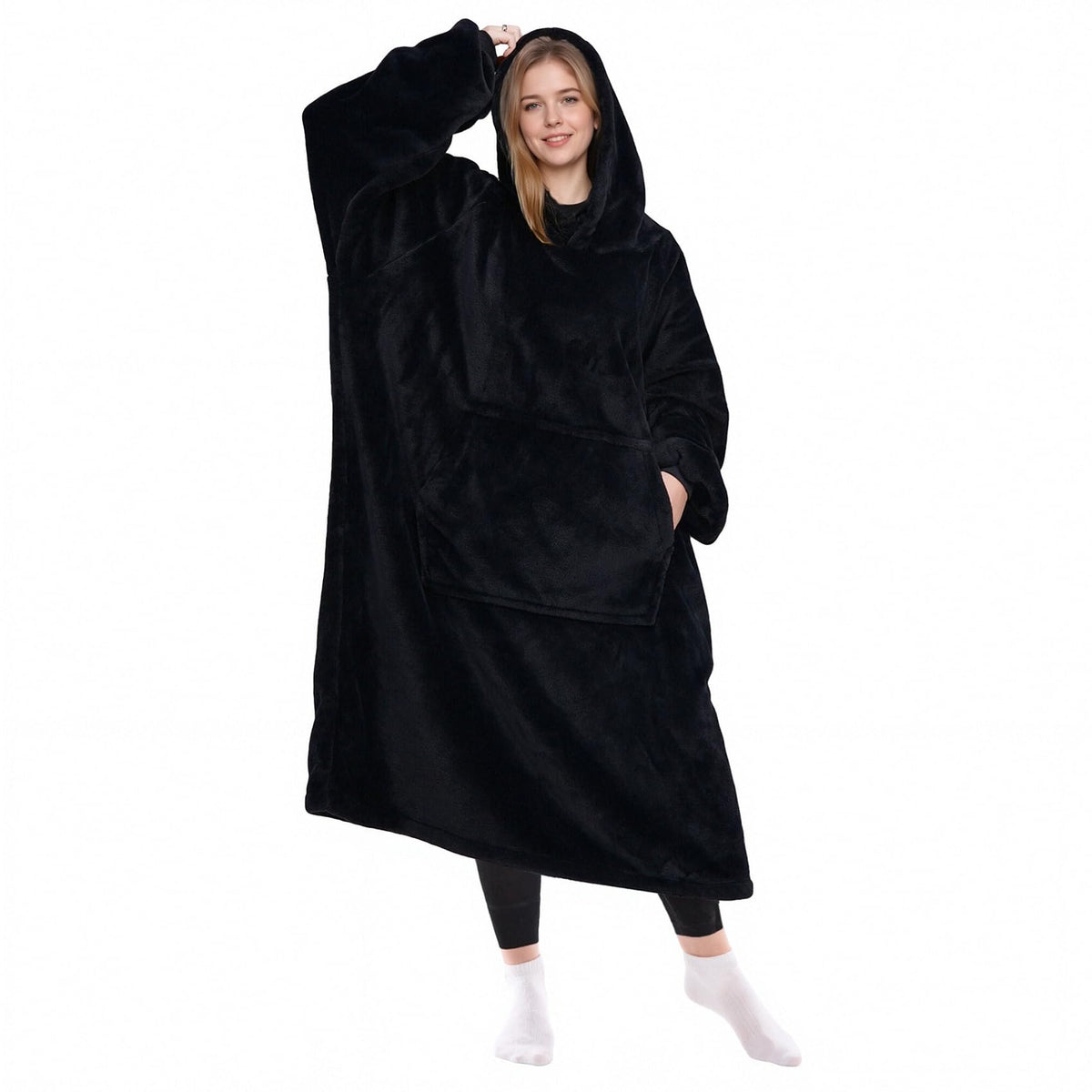 KPBLIS front view of black wearable blanket hoodie showing full coverage and comfort
