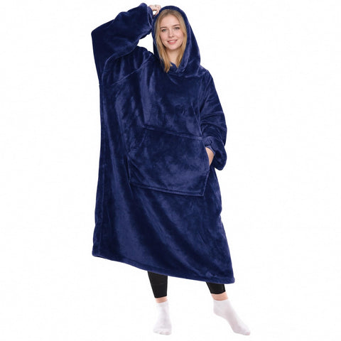 KPBLIS front view of navy wearable blanket hoodie showing roomy fit and warmth