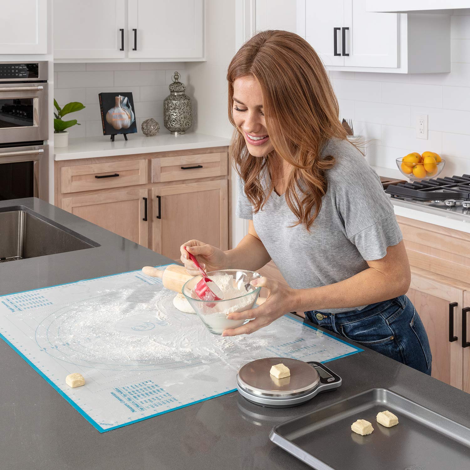 KPKitchen mat on countertop beside rolling pin for scale and roomy baking area