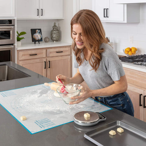 KPKitchen mat on countertop beside rolling pin for scale and roomy baking area