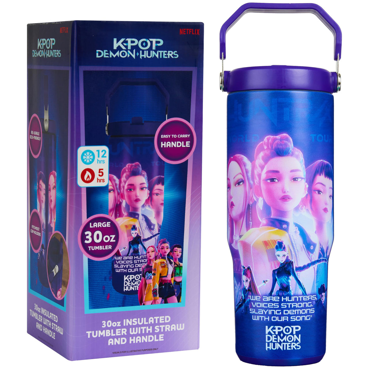 KPop Demon Hunters front view showing bold artwork and 30oz size benefit