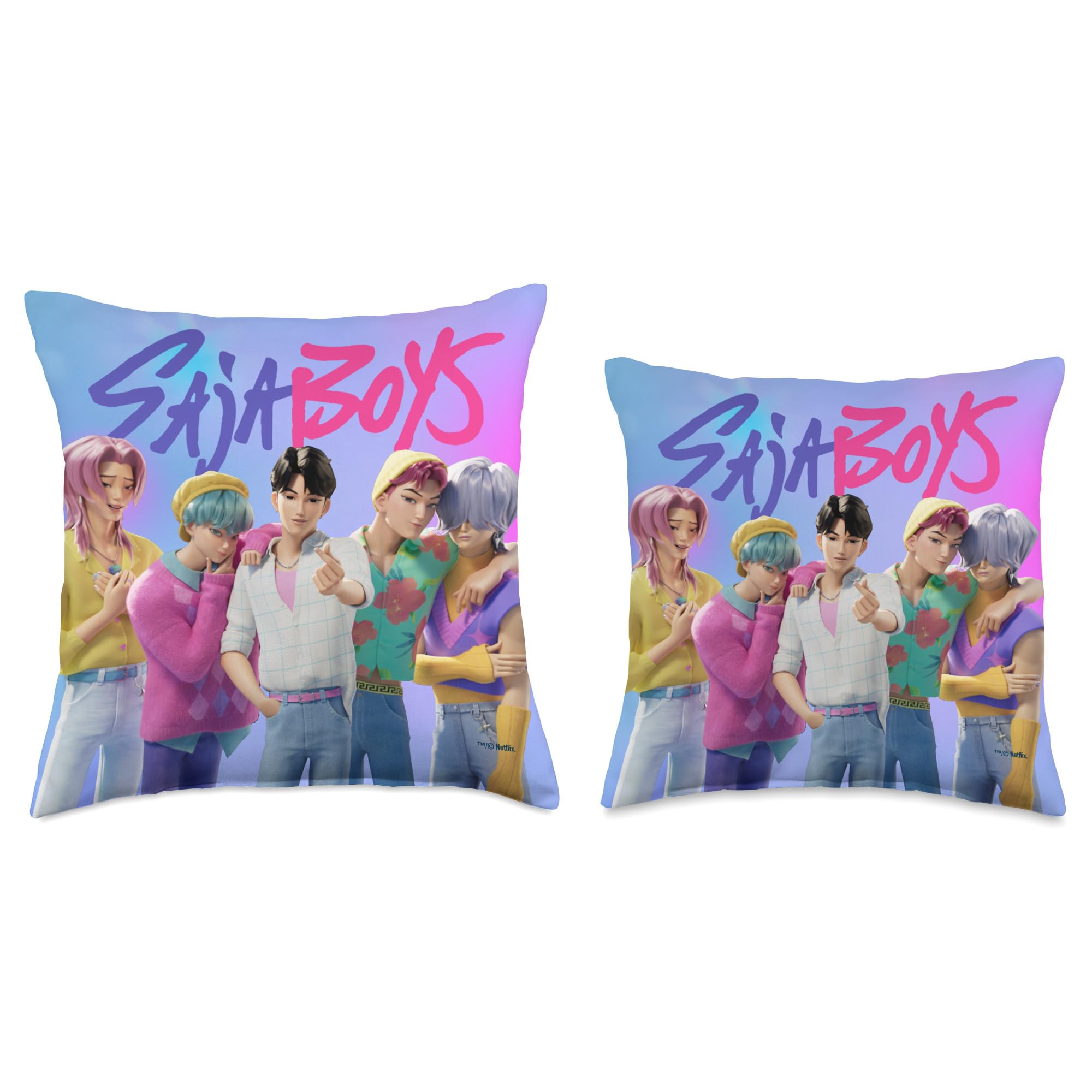 KPop Demon Hunters pillow on a sofa in a living room, adding vibrant Saja Boys decor and comfortable support