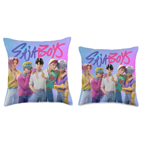 KPop Demon Hunters pillow on a sofa in a living room, adding vibrant Saja Boys decor and comfortable support