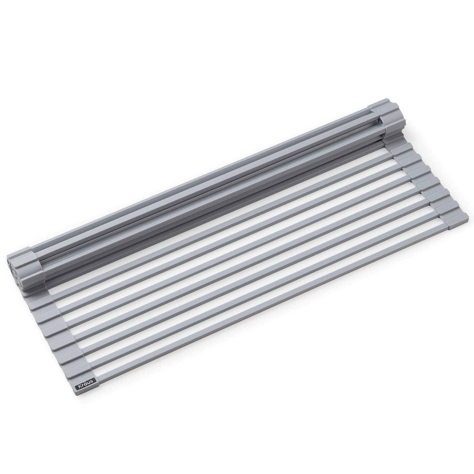 Kraus front view of light grey roll-up rack showing compact packaging and modern finish