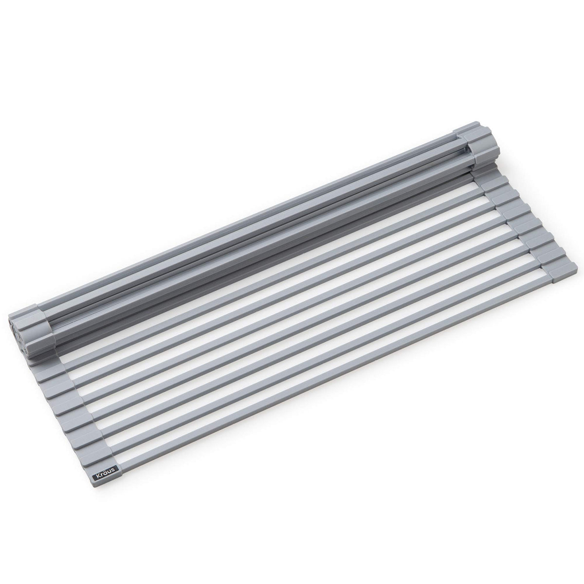 Kraus front view of light grey roll-up rack showing compact packaging and modern finish