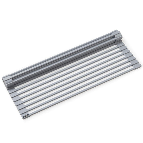 Kraus front view of light grey roll-up rack showing compact packaging and modern finish