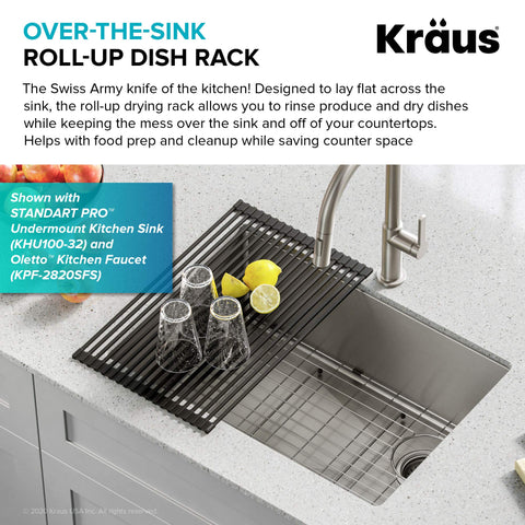 Kraus over-sink in use rinsing produce keeps counters dry
