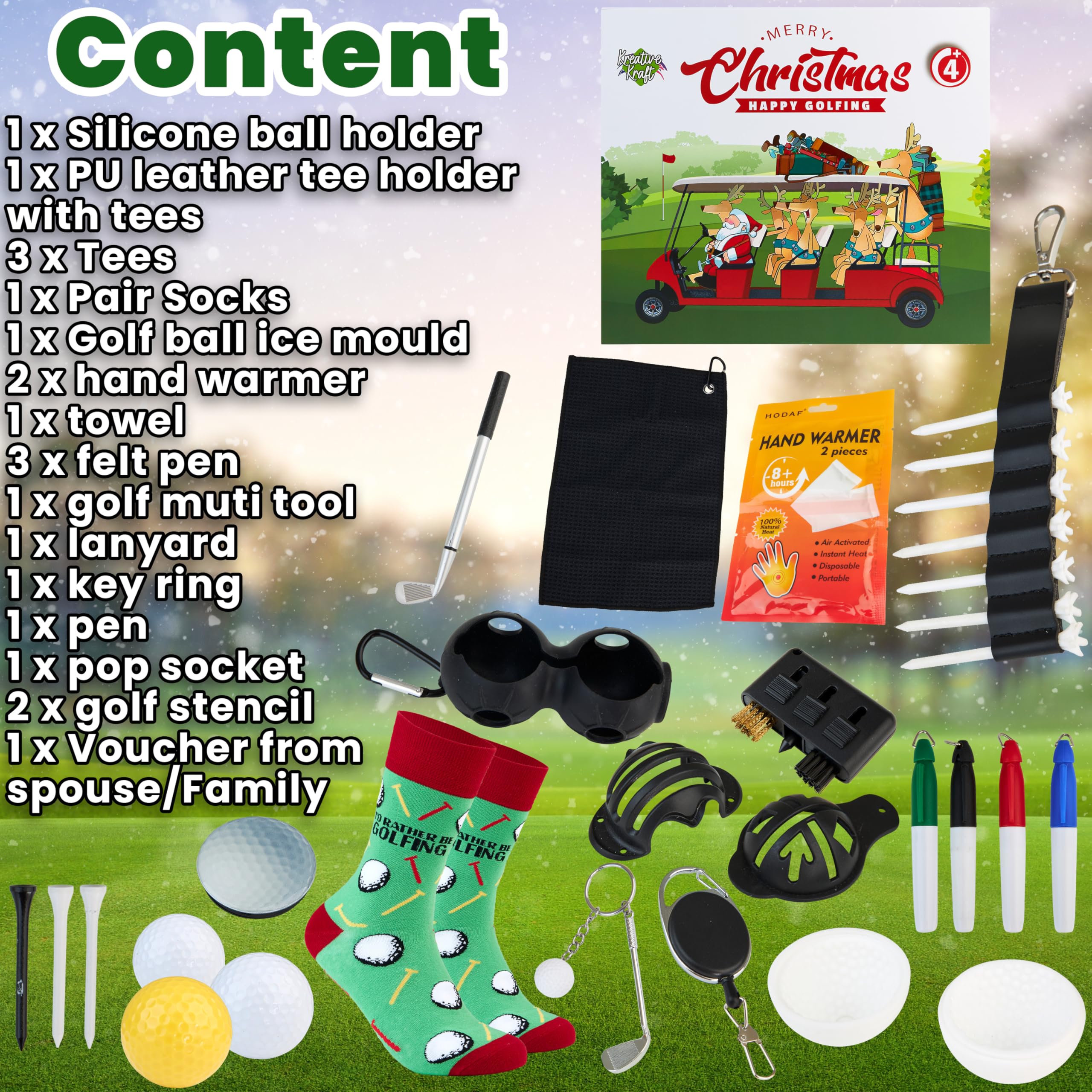 KreativeKraft opened calendar layout revealing individual golf-themed surprises