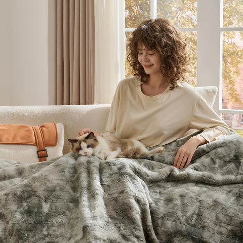 Krifey layered on bed demonstrating decorative finish and extra warmth at night