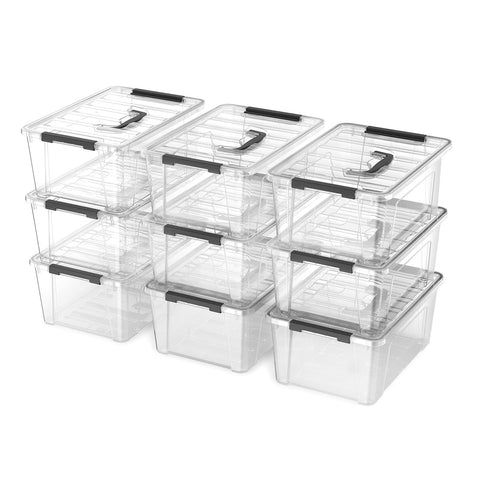 Krihan front view of nine clear storage bins showing packaging and set benefit