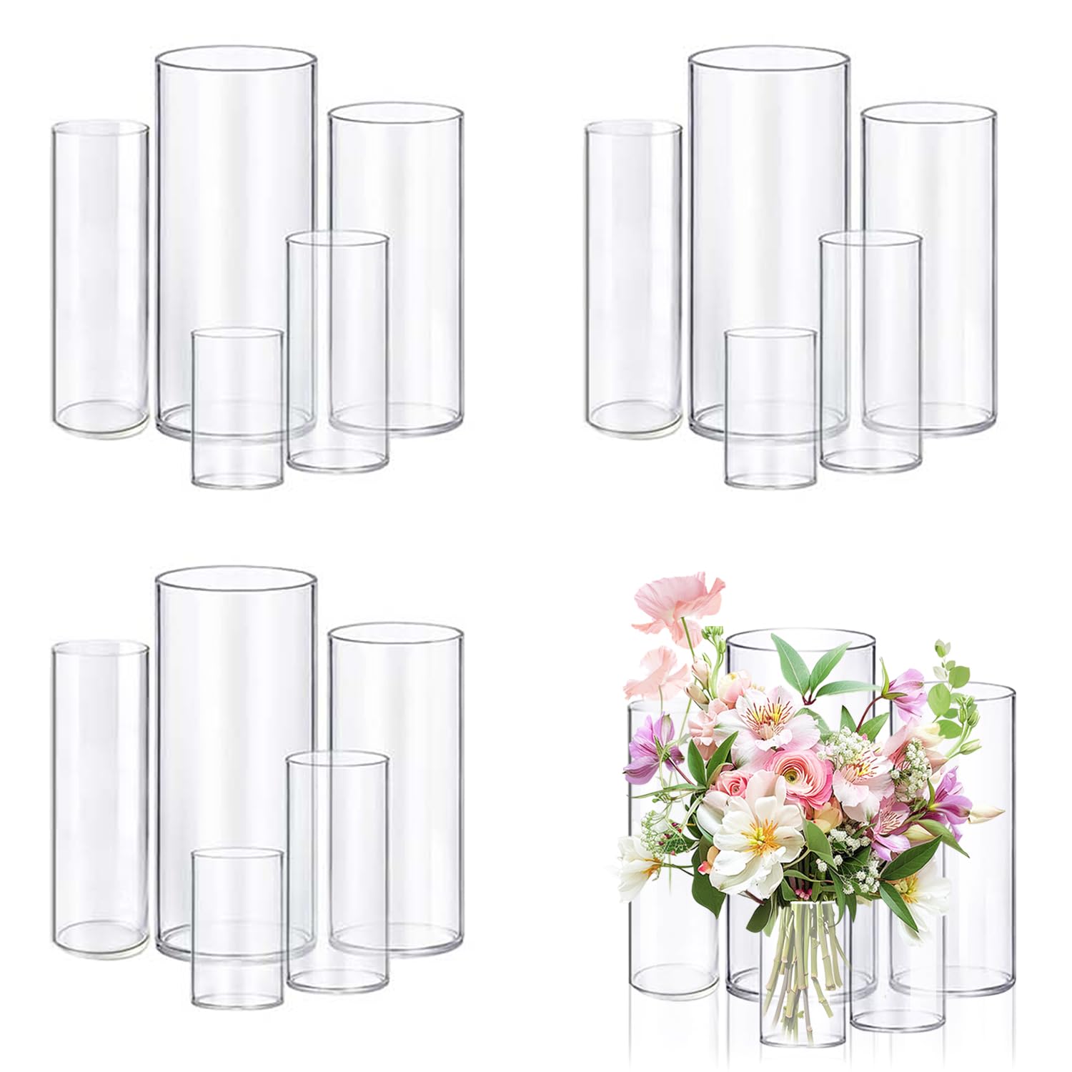 KRNDUMA clear cylinder vases front view showing full 15-piece set for coordinated centerpieces