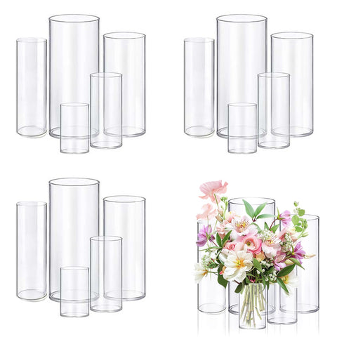 KRNDUMA clear cylinder vases front view showing full 15-piece set for coordinated centerpieces