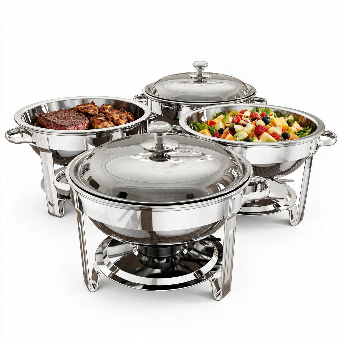 KScocina front view of silver 4-pack chafing dish set showing polished finish and complete kit benefits