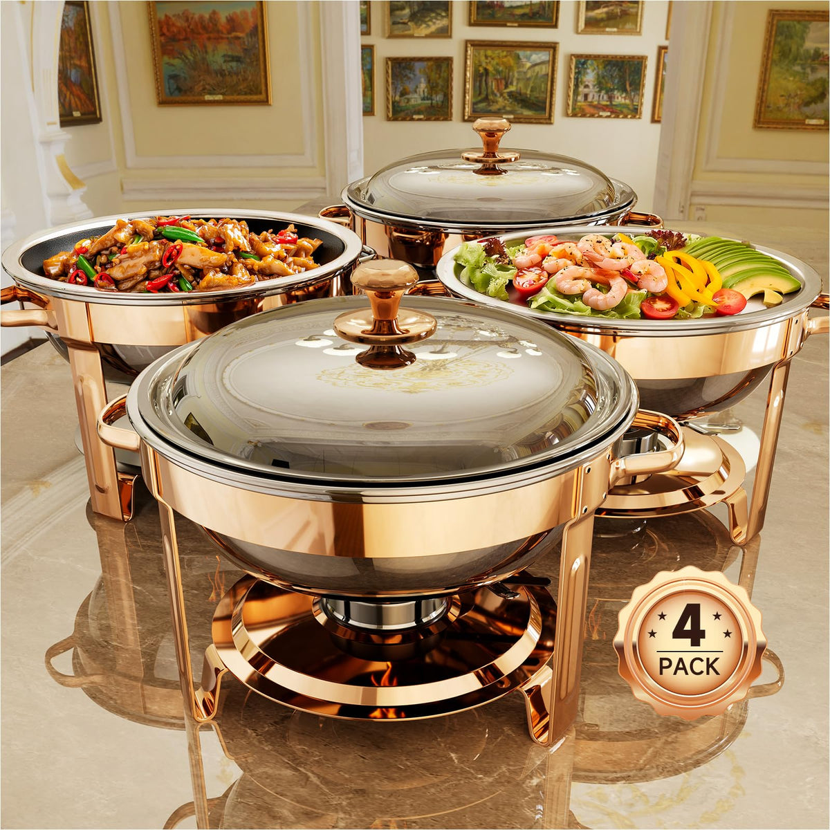 KScocina front view showing rose gold chafing set, elegant presentation benefit