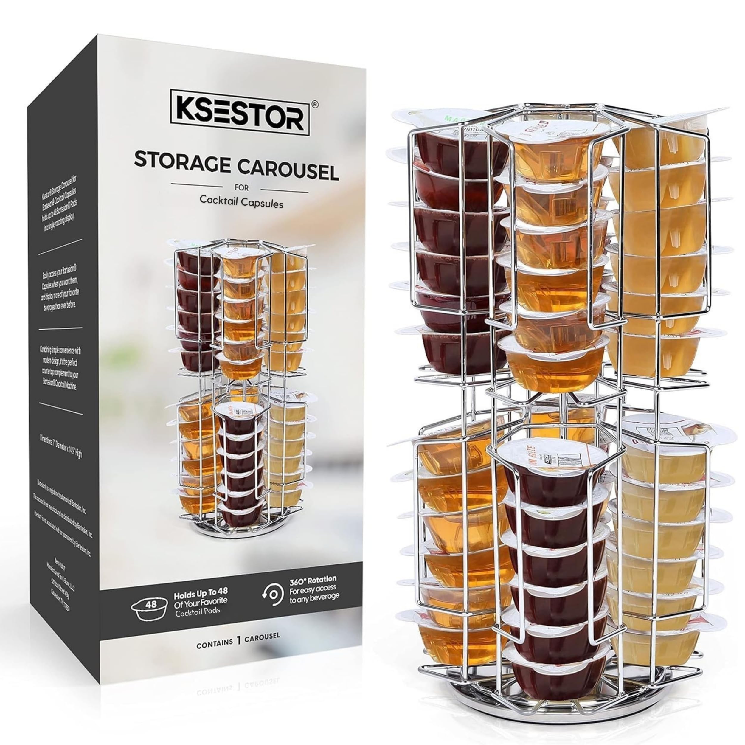 Ksestor chrome carousel front view showing neat pod organization and space saving