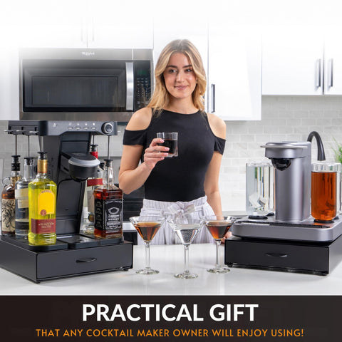 Ksestor on bar cart with drinks showing organized presentation and party-ready benefit
