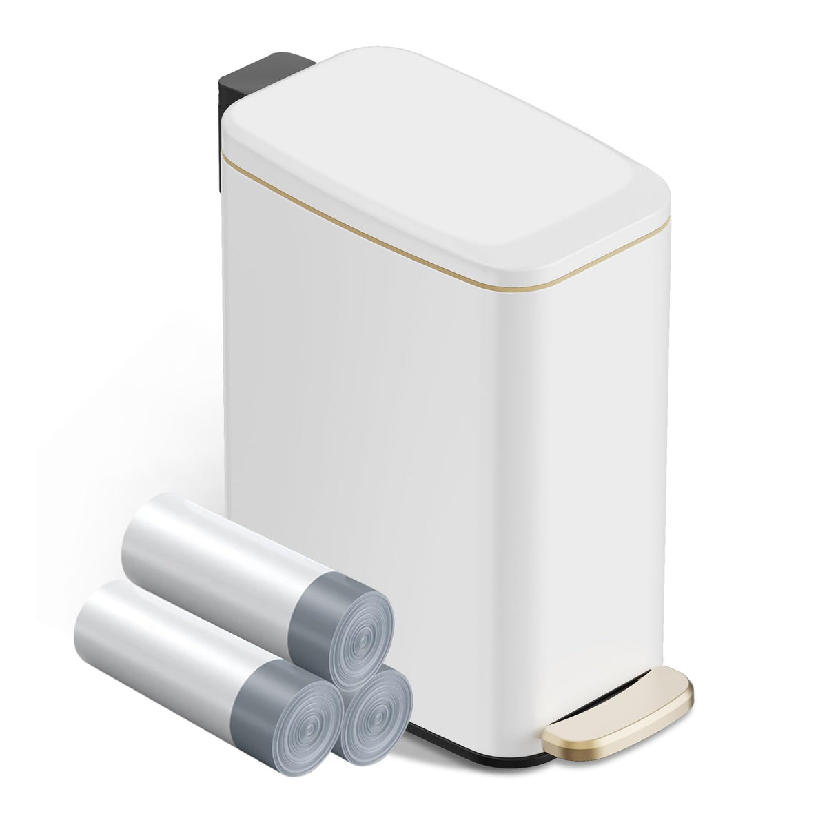 KSSKSS front view of slim white trash can showing compact profile and tidy design