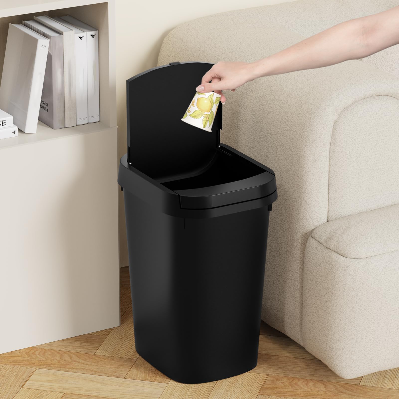 KSSKSS pop-up lid open with hand demonstrating easy one-touch disposal advantage