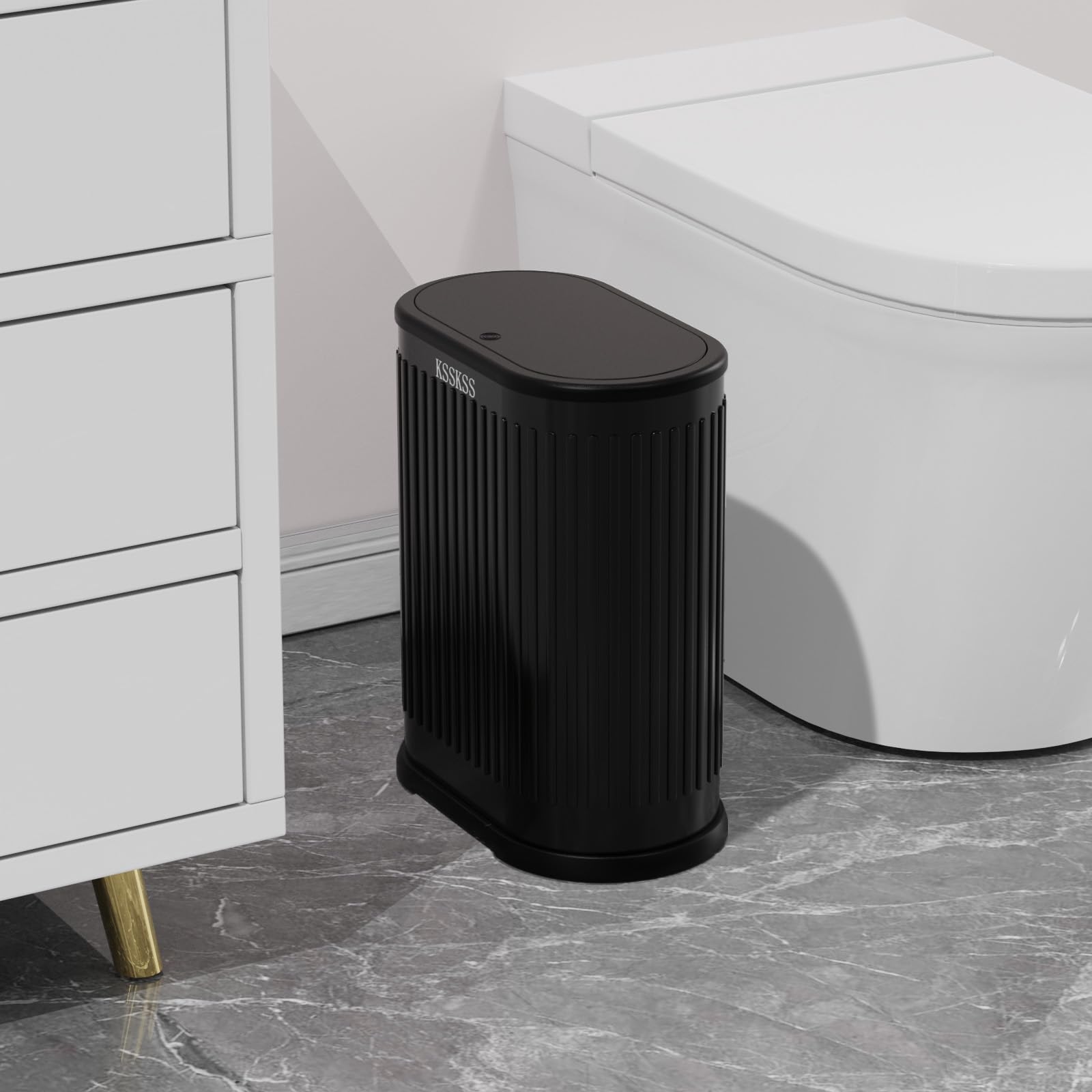 KSSKSS slim trash can beside toilet demonstrating narrow fit