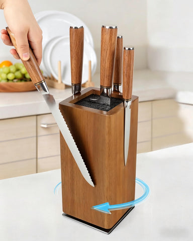 KUCHEASY front view of rotatable magnetic knife block showing wood finish and stored knives for easy access