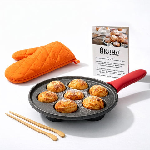 KUHA aebleskiver pan front view showing even heating benefit